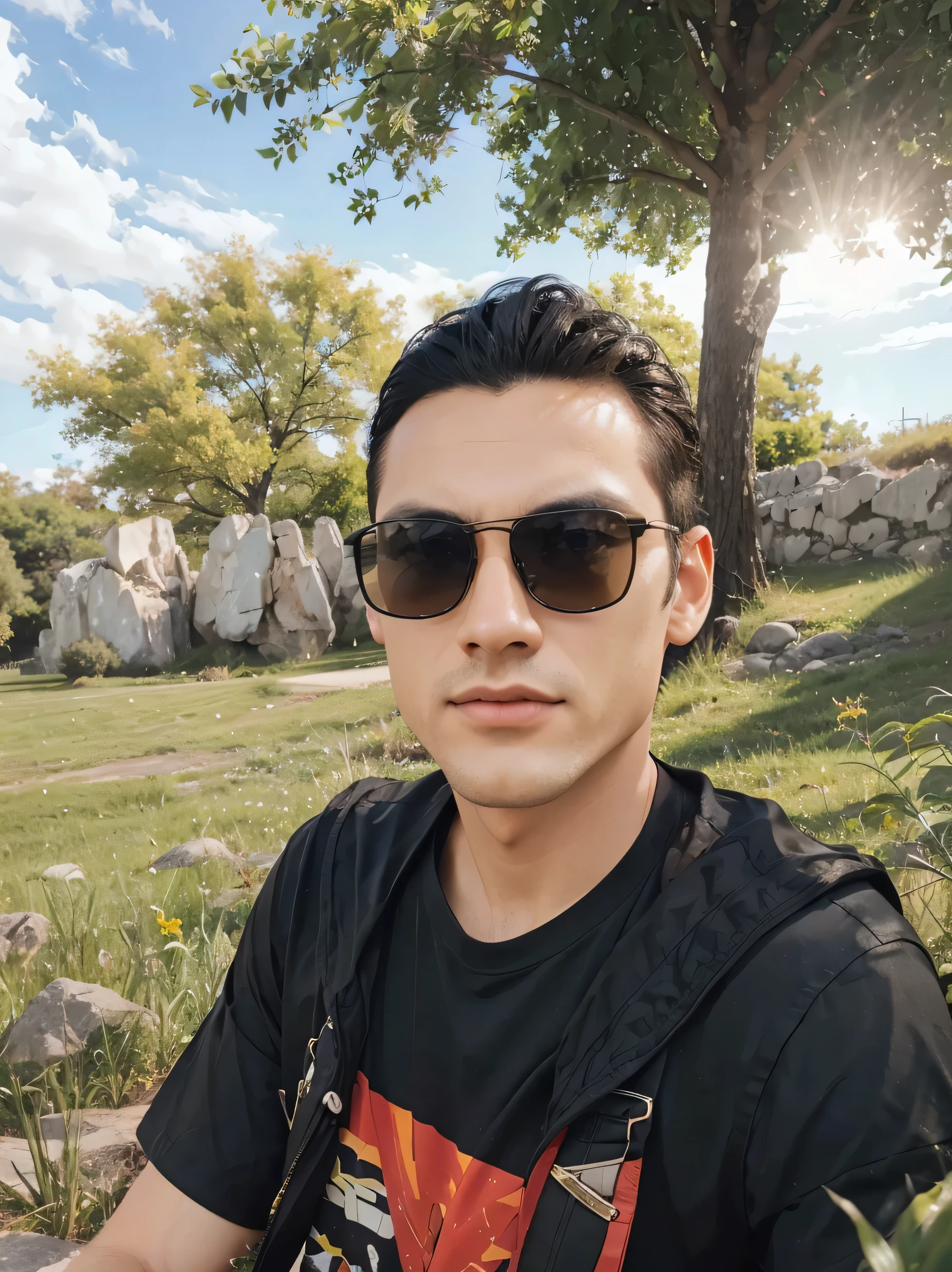 1 man,sunglass,black hair,ultra realistic,black t shirt,
