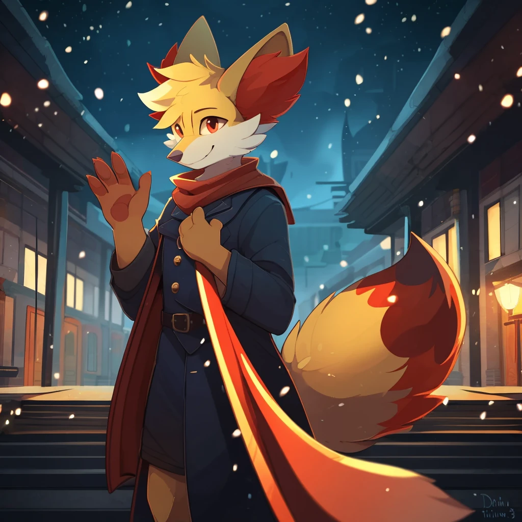 by B-Epon by itihi3 イチヒ(Ichihi), by Donkeyramen, by Hioshiru, anthro (fennekin), red scarf, detective cloak, standing, smile, waving at viewer (three-quarter portrait:1.3), three-quarter view, close-up, BREAK, london train station, night, glowing, plant, snowing, detailed detailed background, depth of field, ambient silhouette, backlighting, masterpiece, best quality, light, 4k, 2k, (high detail:1.25), shaded, photography, solo