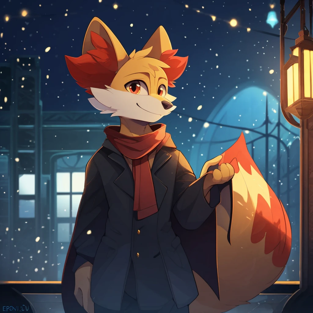 by B-Epon by itihi3 イチヒ(Ichihi), by Donkeyramen, by Hioshiru, anthro (fennekin), red scarf, detective cloak, standing, smile, waving at viewer (three-quarter portrait:1.3), three-quarter view, close-up, BREAK, london train station, night, glowing, plant, snowing, detailed detailed background, depth of field, ambient silhouette, backlighting, masterpiece, best quality, light, 4k, 2k, (high detail:1.25), shaded, photography, solo