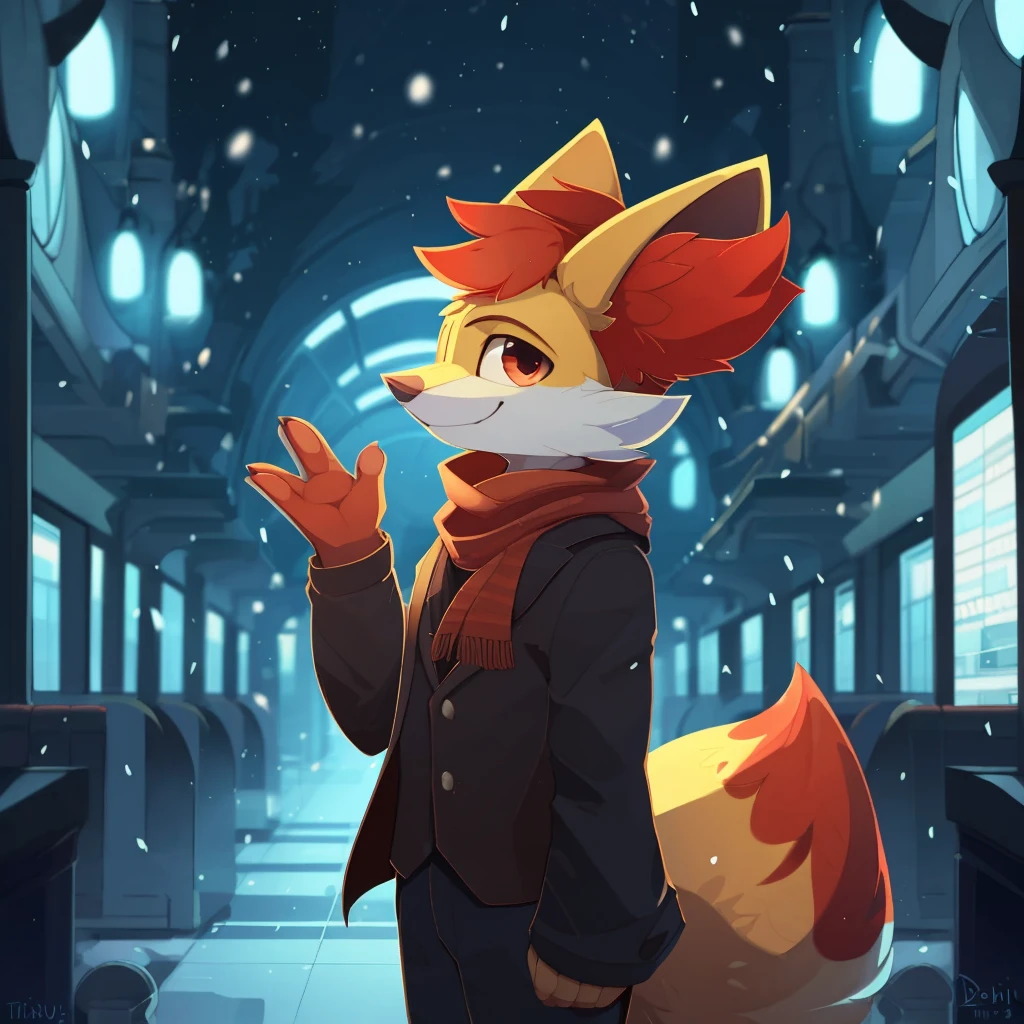 by B-Epon by itihi3 イチヒ(Ichihi), by Donkeyramen, by Hioshiru, anthro (fennekin), red scarf, detective cloak, standing, smile, waving at viewer (three-quarter portrait:1.3), three-quarter view, close-up, BREAK, london train station, night, glowing, plant, snowing, detailed detailed background, depth of field, ambient silhouette, backlighting, masterpiece, best quality, light, 4k, 2k, (high detail:1.25), shaded, photography, solo