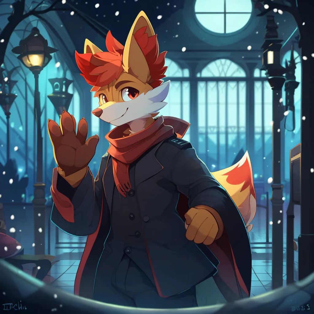 by B-Epon by itihi3 イチヒ(Ichihi), by Donkeyramen, by Hioshiru, anthro (fennekin), red scarf, detective cloak, standing, smile, waving at viewer (three-quarter portrait:1.3), three-quarter view, close-up, BREAK, london train station, night, glowing, plant, snowing, detailed detailed background, depth of field, ambient silhouette, backlighting, masterpiece, best quality, light, 4k, 2k, (high detail:1.25), shaded, photography, solo