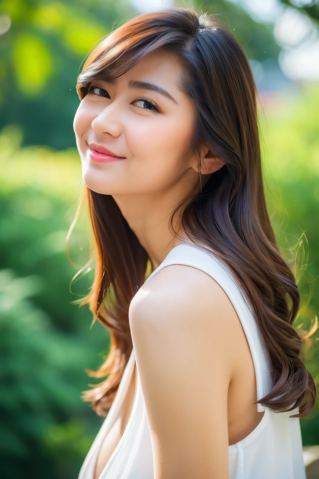 (white t-shirt), sleeveless t-shirt, cleavage, navel, white short skirt, looking at camera, front view, long hair, bangs, (detailed face), at backyard, tempting pose, potrait body, mouth closed, smiling, black eyes, 1 girl, 20yo,Young female,Beautiful Finger,Beautiful long legs,Beautiful body, Beautiful Nose,Beautiful character design, perfect eyes, perfect face,expressive eyes,perfect balance, (looking at viewer), White skin, (masterpiece:1.0),(best_quality:1.0), ultra high res,4K,ultra-detailed, photography, 8K, HDR, highres, absurdres:1.2, Kodak portra 400, film grain, (vibrant_color:1.2),professional photograph, (Beautiful,huge_Breasts:1.4), (beautiful_face:1.5),(narrow_waist)