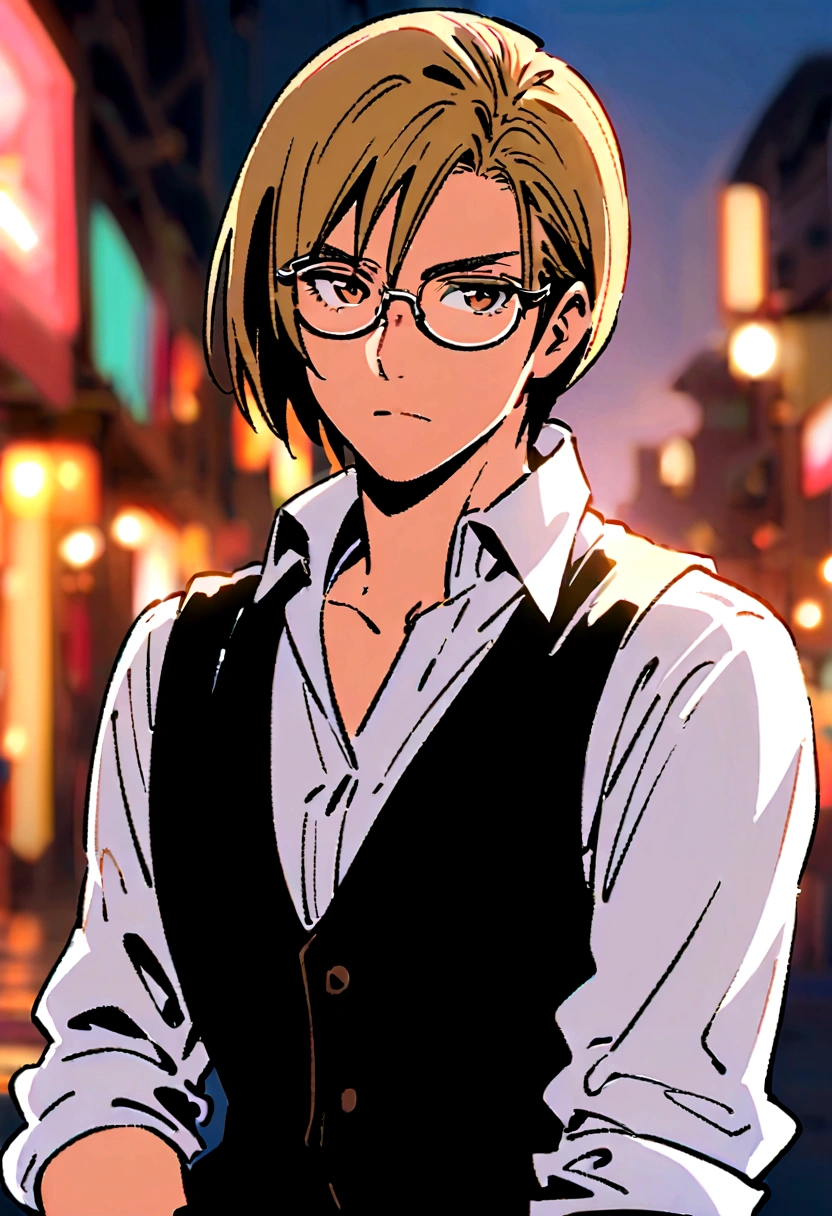 draw style, detailed, leon kennedy, white shirt, brown eyes, rolled up sleeves, black vest, slicked back light butter color hair a little messy, glasses on shirt neck, beautiful blurry background