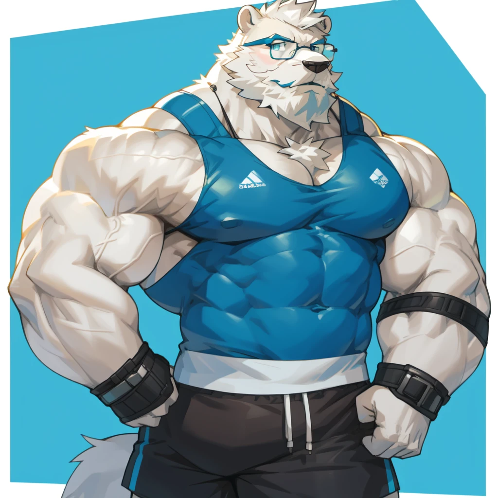 solo, 1boy, Huge Muscular White Polar Bear wearing glasses, huge white fur, pectoral, huge pectoral, wide pectoral, short white hair, blue colored short pants, blue colored wristbands and blue colored tank top, white bearded, white Mustache, white fur, simple background, masterpiece, high detailed, 8k, high resolution, at the gym, flexes huge muscles