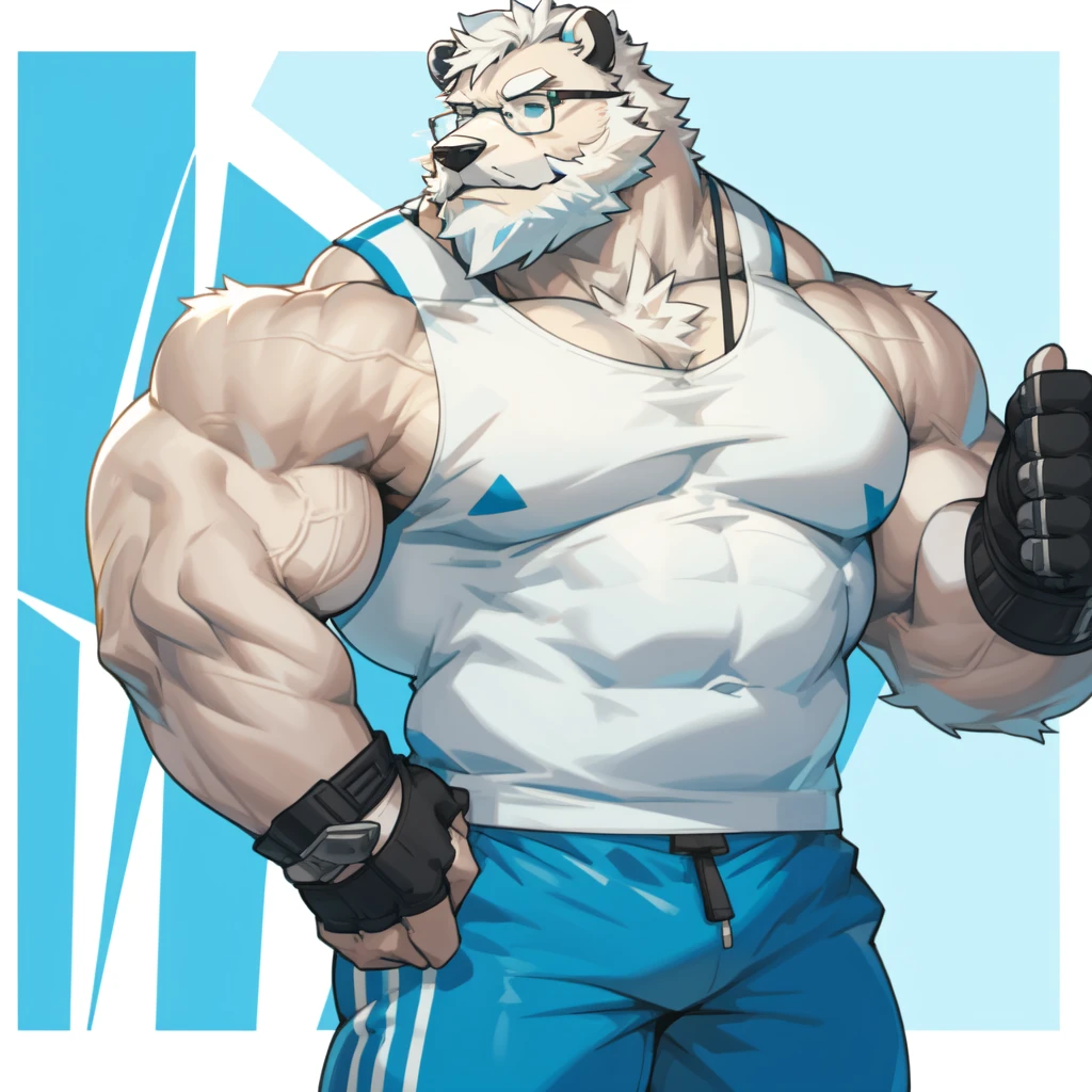 solo, 1boy, Huge Muscular White Polar Bear wearing glasses, huge white fur, pectoral, huge pectoral, wide pectoral, short white hair, blue colored short pants, blue colored wristbands and shirtless and topless, white bearded, white Mustache, white fur, simple background, masterpiece, high detailed, 8k, high resolution, at the gym, flexes huge muscles