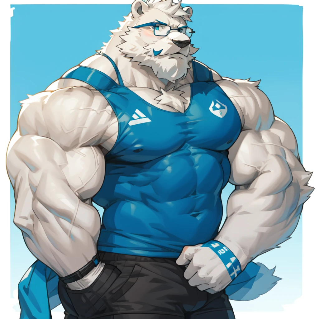 solo, 1boy, Huge Muscular White Polar Bear wearing glasses, huge white fur, pectoral, huge pectoral, wide pectoral, short white hair, blue colored short pants, blue colored wristbands and blue colored tank top, white bearded, white Mustache, white fur, simple background, masterpiece, high detailed, 8k, high resolution, at the gym, flexes huge muscles