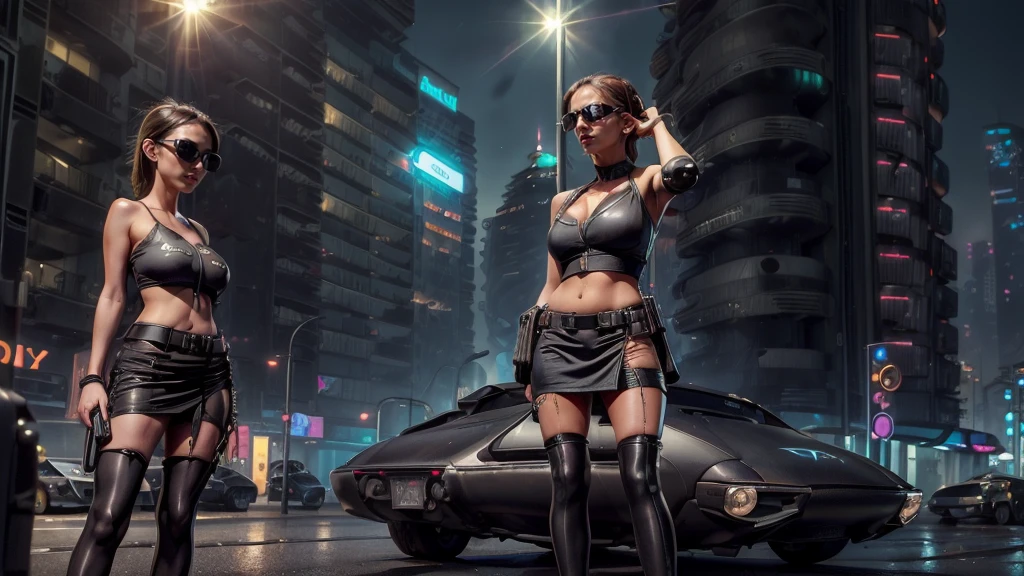 UE 5, computer render, Rendered by Octane, (8K, tmasterpiece), (realistically, Photo degree:1) luminescent concept art, (((((aerial view))))) of Cyberpunk city scene, ((Surreal circuit architecture)), (((((supercars street racing, 1 drone))))). Matrix style, (((((Matrix cascading code))))), (((((a futuristic twin tower skyscraper with a unique twisted design))))), (((((OLED GUI interfaces in the building))))), at night, (((((1girl, solo))))), photo realistic, (((large-breast:1.2 slim body, cleavage))), (((off torn mini sling-shirt and black lace sling bra, extreamly short pleated lace miniskirt exposing panty))), (((((running pose))))), (((((((matrix style black micro sunglasses))))))), ((((((((((aiming with a short gun)))))))))), (((((looking at camera))))), (((very low view))), (((((half-body thigh level medium shot))))), (((cinematic lighting))).