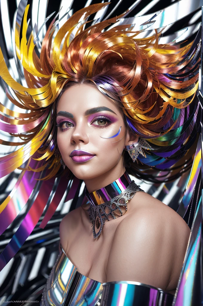 analog photo a (dynamic pose:1.2),(dynamic camera),(waist-length portrait European smile a woman with colorful hair and colorful makeup),posing for fashion,(look to camera),(wind floating hair),(intricate chrome strips volumetric abstract background:1.3), in the style of intimacy, dreamscape portraiture,  solarization, shiny kitsch pop art, solarization effect, reflections and mirroring, photobash, (composition centering, conceptual photography), (natural colors, correct white balance, color correction, dehaze,clarity) ,detailed textures, photography, detailed photography,photoshadow, Fujifilm Superia Premium 400
