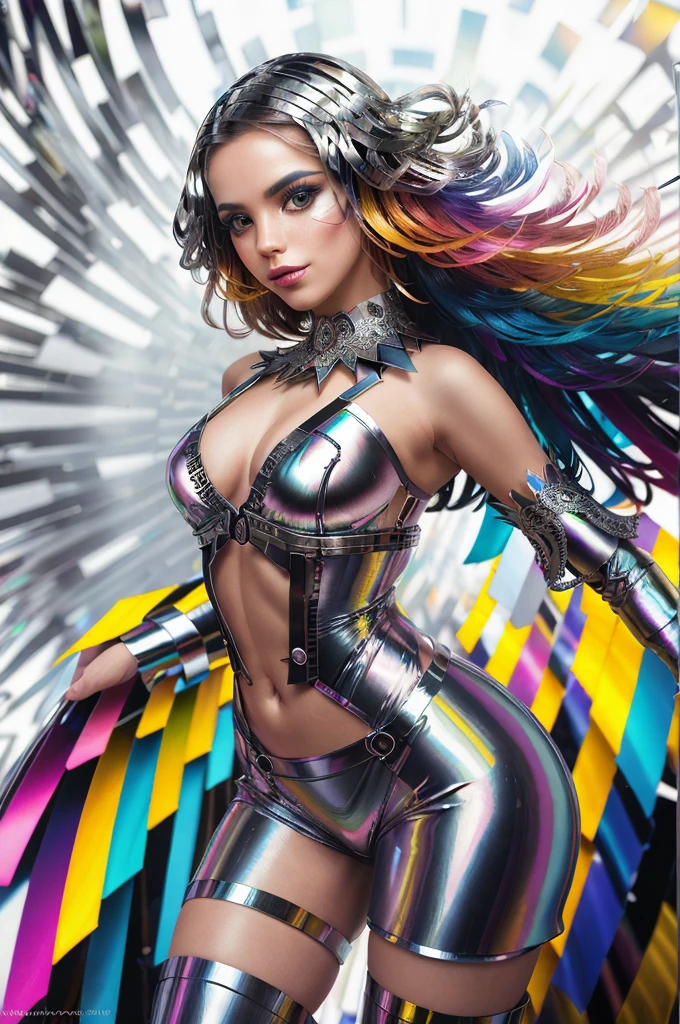 analog photo a (dynamic pose:1.2),(dynamic camera),(waist-length portrait European smile a woman with colorful hair and colorful makeup),posing for fashion,(look to camera),(wind floating hair),(intricate chrome strips volumetric abstract background:1.3), in the style of intimacy, dreamscape portraiture, solarization, shiny kitsch pop art, solarization effect, reflections and mirroring, photobash, (composition centering, conceptual photography), (natural colors, correct white balance, color correction, dehaze,clarity) ,detailed textures, photography, detailed photography,photoshadow, Fujifilm Superia Premium 400