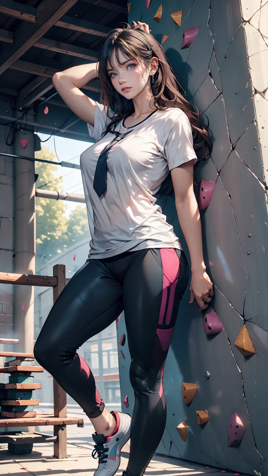24-year-old woman、Sexy proportions、Long eyelashes、eye shadow、lipstick、Sexy、erotic、Wear a T-shirt、Wear leggings、Wear bouldering shoes、Climb the bouldering wall、Tie your hair back