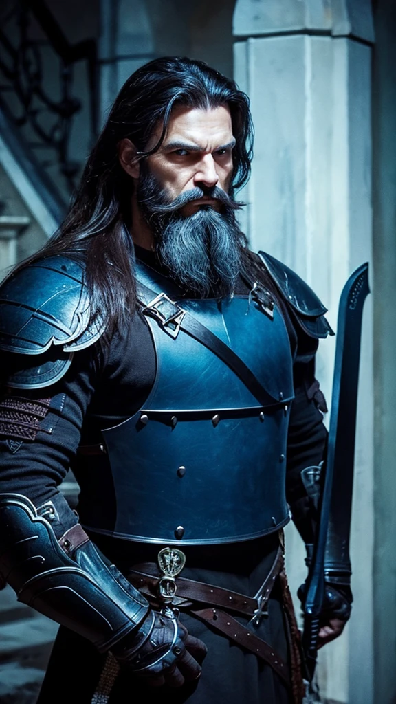 Italian man, age 45, long hair tied in a ponytail, extremely blue eyes, well-designed beard, brawny, with black armor, holding a black bladed sword, in a dark mansion 