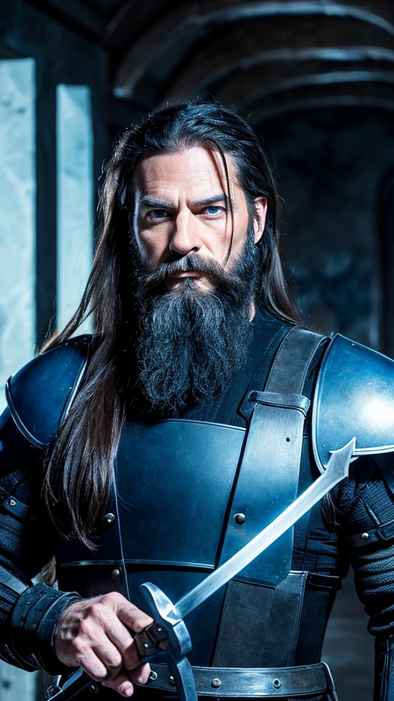 Italian man, age 45, long hair tied in a ponytail, extremely blue eyes, well-designed beard, brawny, with black armor, holding a black bladed sword, in a dark mansion
