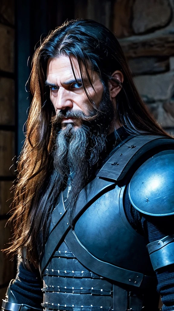 Italian man, age 45, long hair tied in a ponytail, extremely blue eyes, well-designed beard, brawny, with black armor, holding a black bladed sword, in a dark mansion