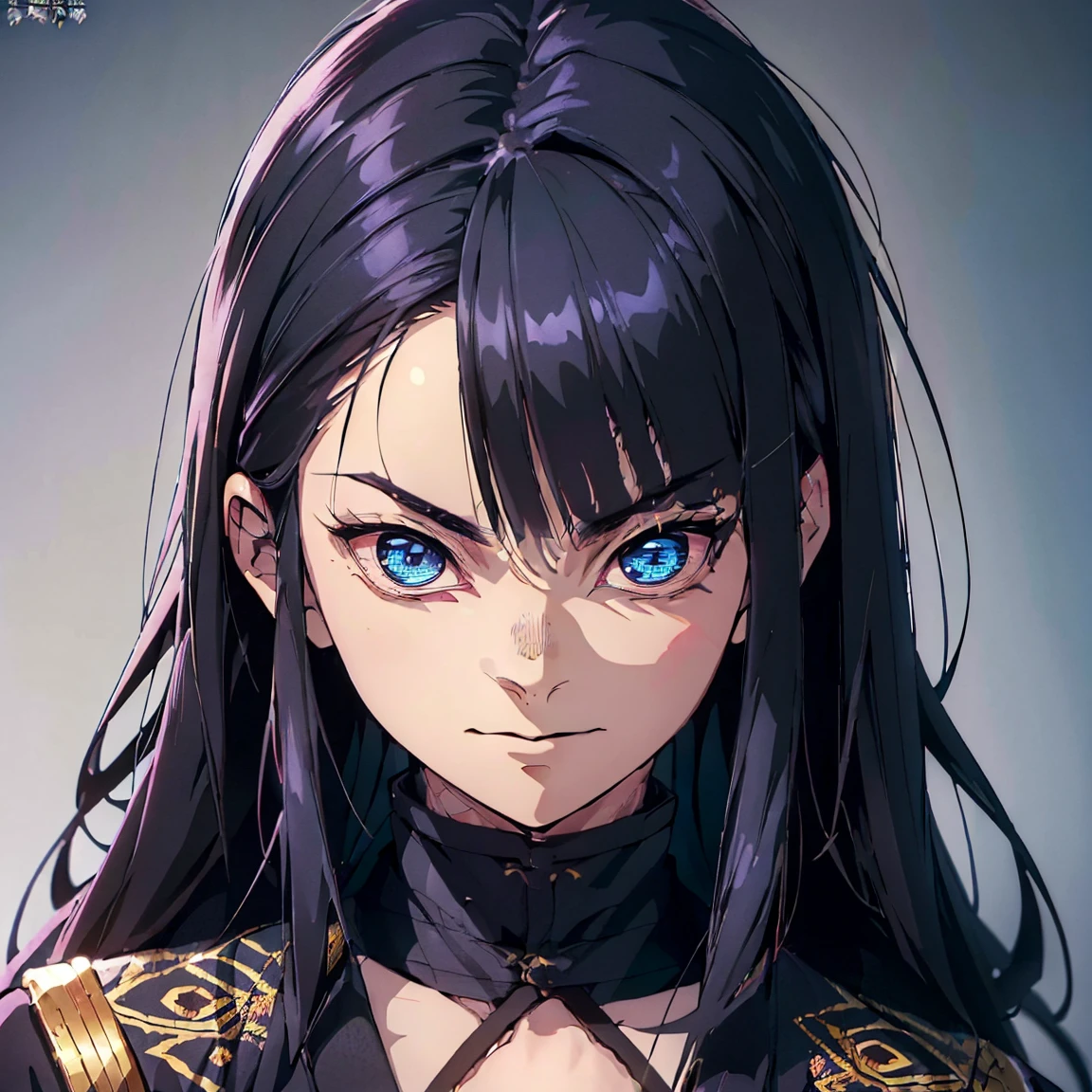 (Best Quality,ultra detailed,realist:1.37),high resolution(4k,8k),portrait,Demon Slayer character,black hair with blue,semi long hair,dark blue eyes with golden irises,,warm smile,YOUNG,sarcastic,24 years ,Kimetsu no Yaiba&#39;s distinctive style, firm installation, vibrant colors, detailed facial features, powerful aura, determined expression, katana in hand, fierce eyes, dusk scene, dramatic lighting, flowing layer, a dark yukata with gold decorations, intricate patterns, dark blue background,male gender,pale skin.