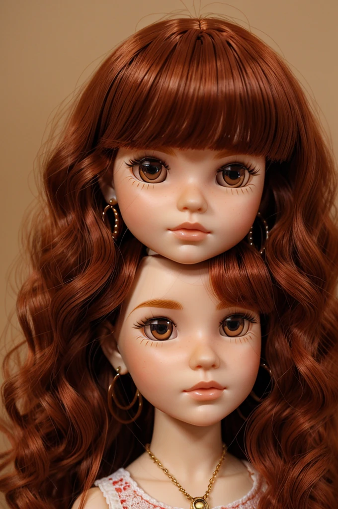 make me a redhead blythe doll with wavy hair long eyelashes, Brown eyes, outlined, open two-strand bangs with red cheeks and pendant earrings