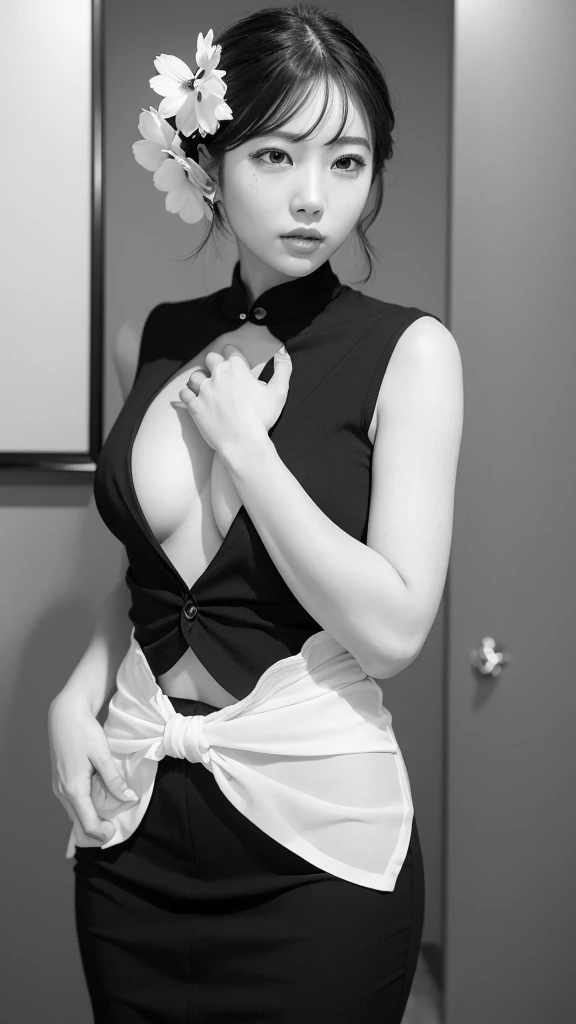 The flowers on both sides form a frame. 額の中にはcoolとライバルの入った女性 glamorous cool Women are black and white but flowers are vibrantly colored Best Quality, Masterpiece, Ultra High Resolution, (Realisticity: 1.4), Original Photo, Cinematic Lighting
