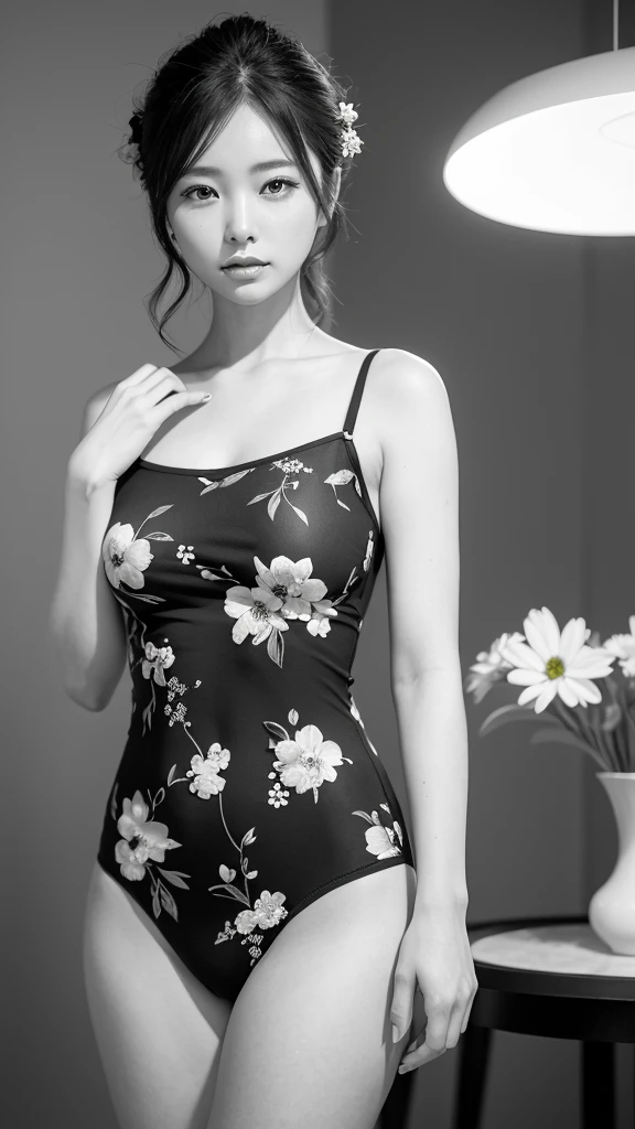 The flowers on both sides form a frame. 額の中にはcoolとライバルの入った女性 glamorous cool Women are black and white but flowers are vibrantly colored Best Quality, Masterpiece, Ultra High Resolution, (Realisticity: 1.4), Original Photo, Cinematic Lighting