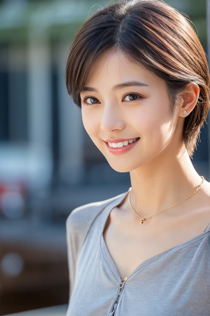 Front view of (((Masamisuno))),(in 8K, top-quality, masterpiece:1.3, 超A high resolution, A hyper-realistic), high detailing, ((Face like the real thing)), Photorealsitic, Raw foto, ((one beautiful women)), 27yo, Detailed face, beautidful eyes, realisticeyes, Eyes in Beautiful Details, (real looking skin), Beautiful skins, enticing, depth of fields, hight resolution, High pixel count, clear details, sharp photo, Natural color reproduction, Noise Reduction, High fidelity, quality, Software Updates, Optimized algorithms, Stylish café terrace, Everyday clothes, Neat and clean clothing, perfect bodies, face perfect, perfect chest, perfect teeth, Perfect tooth alignment, , Sexy lips, Ears are visible, Looking away, Natural perspective, (Don't look into the viewer's eyes), a smile, kindly smile, Beautiful skins, enticing, the golden ratio, (Detal Face:1.2), profetional lighting, Lighting the face, best light, japanes,japanaese girl, Photo of a cute Japanese woman, Small necklace, Thin Silver Necklace, simple background, wear suit,Casual pose, Short hair swaying in the wind