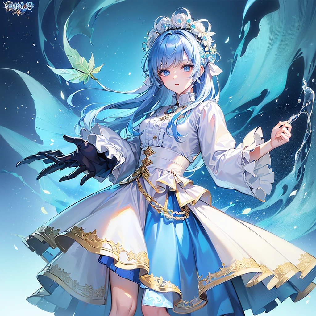 (((Masterpiece、Highest quality、Official Art、Super detailed、Handsome face、Dynamic composition)))、Anime Style、(Milky white and blue hair:1.3),(blue eyes:1.4),(Bright colors:1.4),((Hemp leaf background:1.3)),, Cool girl in gothic lolita outfit posing in palace, mini skirt, Frills, 黒 and blue outfit,