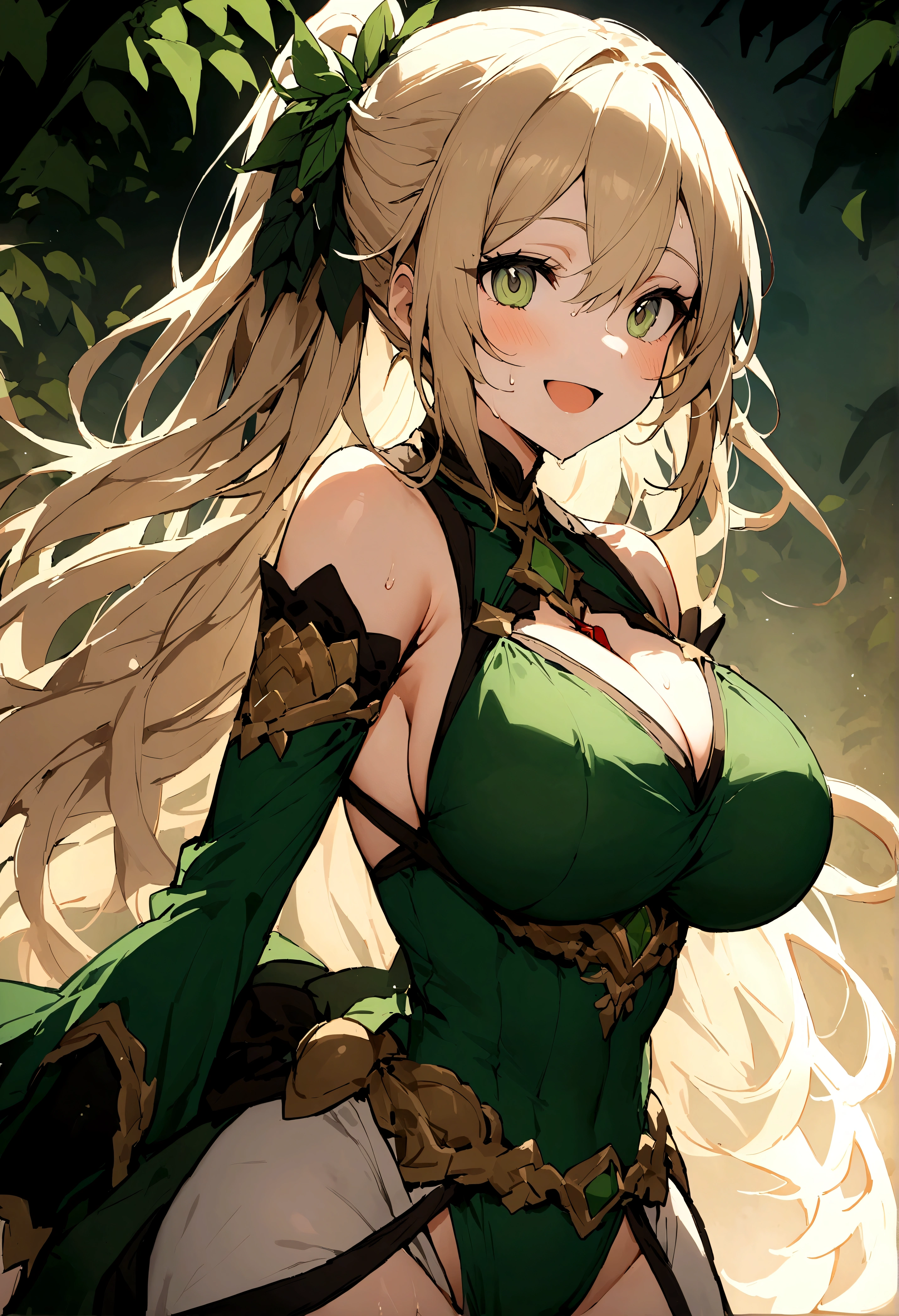 1 female，35 years old，Big breasts，Long Law，solo，（background：The Peak，Rainforest，In the summer，There is standing water on the ground，Exterior） Feel free to hairstyle，stride，Sweating，Soaked，从front看，Long blond hair ， partly cloudy，（（（masterpiece），（Very detailed CG Unity 8k wallpaper），Best quality，light，详细background，Beautiful and delicate eyes，smart student，（Very delicate and beautiful），（Beautiful and detailed description of the eyes），Extremely detailed，masterpiece，）），Facing the audience，front，high resolution，Extremely detailed），complexion，Open your mouth，Smile