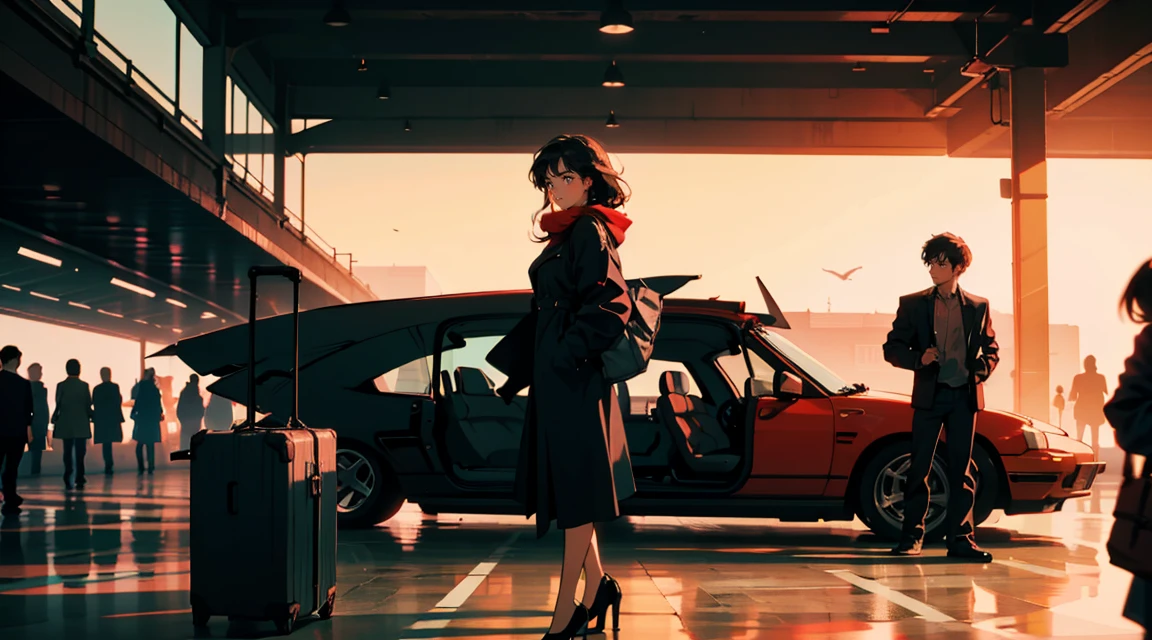 New modern airport, The plane is flying, It has a nice atmosphere, Adult women, Trunk Case ,Perfect Face, A melancholic look, (Backlight: 1.1), A scene from a movie, Soft Shadows, masterpiece, Highest quality, Complex, Model shooting style, Film Grain, Wide Shot、Red lipstick