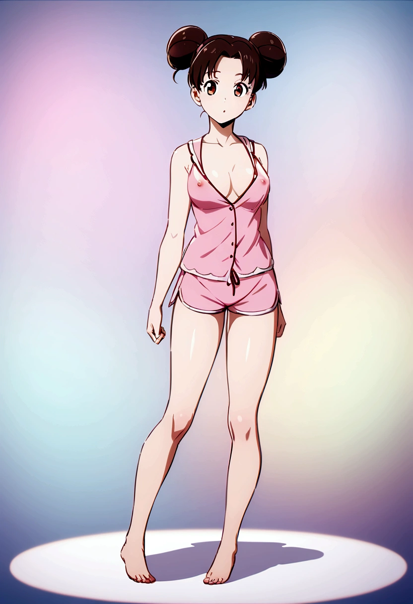 tenten, sleepwear, pajama sexy, fitted shorts, fitted tank top, medium breasts, fullbody, front, nippless