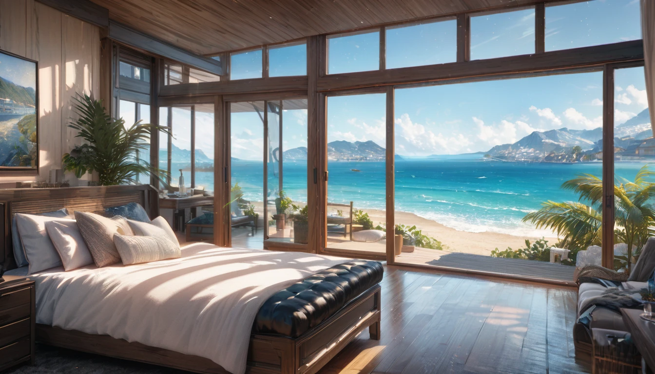 Holiday Homes, Large windows and beautiful views,Inside the room,Blur the background,Pleasant sea breeze,Glitter effect,Highest quality, 8K, High resolution, masterpiece:1.2, Very detailed, Realistic:1.37, High resolution, 超High resolution, Ultra-fine painting, Very detailed, Professional, Vibrant colors