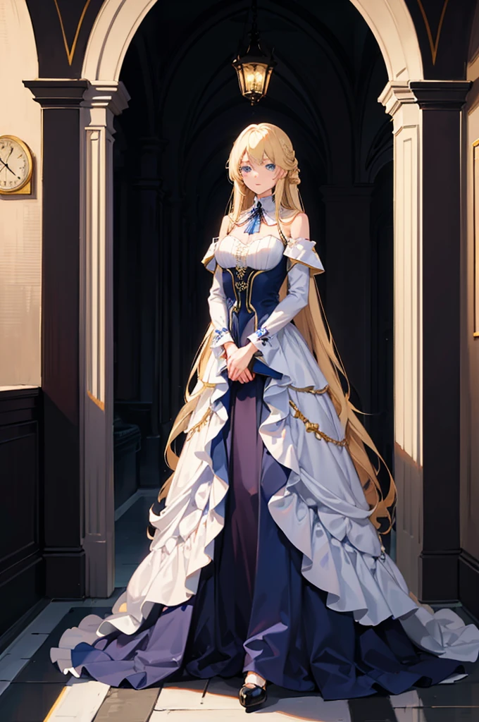1woman, long hair, blonde hair, blue eyes, formal dress, standing on ground, high res, ultra sharp, 8K, masterpiece