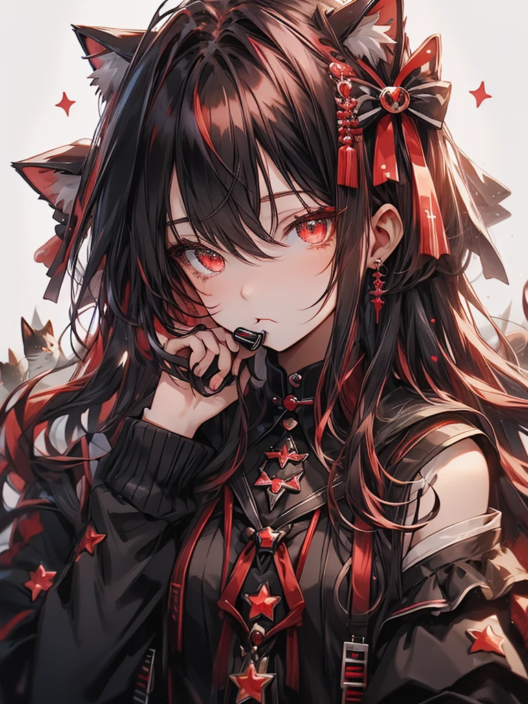 Cat ears with black and red ribbon、red Hair、red Badge、Checkmark clothing、I rest my head on my elbows and think about what to do.、✔、lollipop in mouth held with one hand, Convinced look