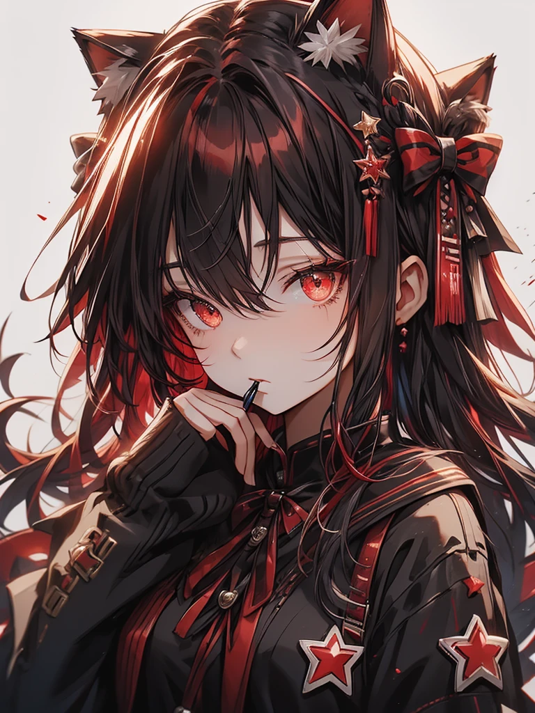 Cat ears with black and red ribbon、red Hair、red Badge、Checkmark clothing、I rest my head on my elbows and think about what to do.、✔、lollipop in mouth held with one hand, Convinced look