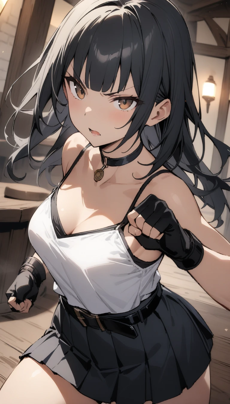 ((Highest quality)), ((masterpiece)), (detailed),cowboy shot , Rin々Policewoman small breasts Mature Woman, A black sleeveless blouse over a white camisole,Black choker,Black long hair Blunt bangs black pleated mini skirt black fingerless gloves V-shaped eyebrows Combat Stance Black Belt Old tavern