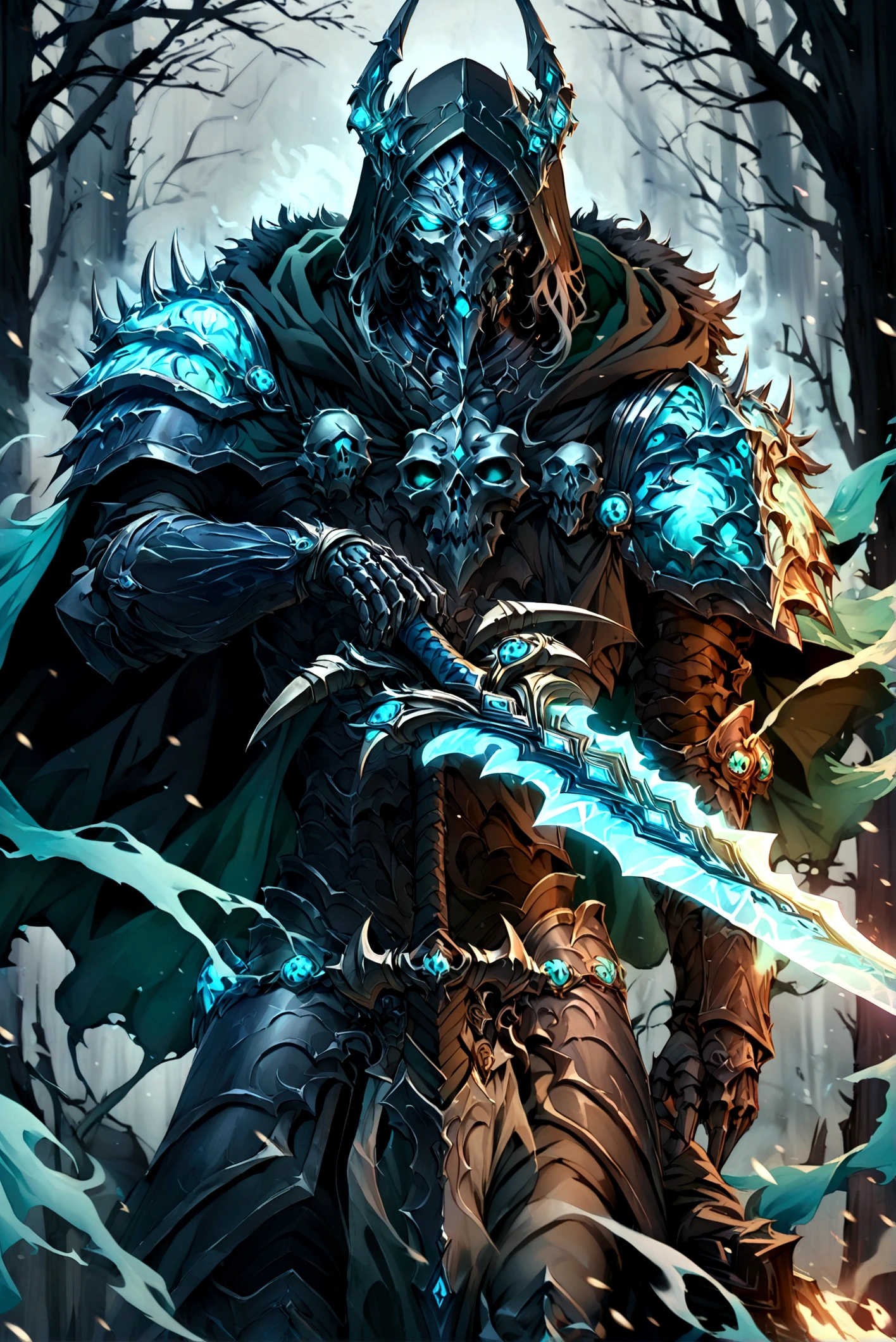 score_9, score_8_up, score_7_up, a skeleton knight walking through aqua smoke, glowing aqua eyes, smoke coming from its mouth, upper body, looking at the viewer, black cloak, black armor, aqua ornaments, glowing ornaments, aqua cape, black hood, glowing sword, aqua sword, holding the sword,dark,