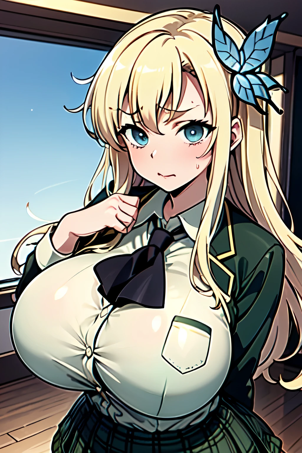 (masterpiece, best quality), he says, long hair, hair ornament, large breasts, black neckerchief, blazer, green jacket, plaid skirt, green skirt, (huge breasts:1.2),(round breasts),slender,Big sticking forward,((breast focus)),(Long breasts),sweat,frustrated,(Upper Body),(Facing forward),(breast close-up),from above,look up,bulging udder,Her breasts are so big they seem to burst her clothes,((Sexy pose))