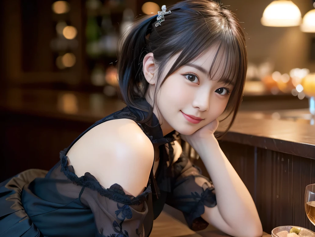 (Highest quality, masterpiece, Ultra-high resolution, 8K, RAW Photos, Realistic, Anatomically correct:1.5),  20-year-old girl:1.2, Embarrassing, avert your eyes, blush:1.0, View Viewer, ((bar)) 、Night view、 Light:1.2, Bokeh, Cinema Lighting:1.0, Depth of written boundary, sharp、 Cute face、Idol、Black short sleeve lace top、Black pleated skirt、Black clothing、”dwarf”、(Floral clothes)、(Full Body Shot)、Side angle、Cowboy Shot、 smile、(Ultra short hair、Short ponytail)、(Straight bangs)、((See-through))、(( One Girl))、Large Breasts、