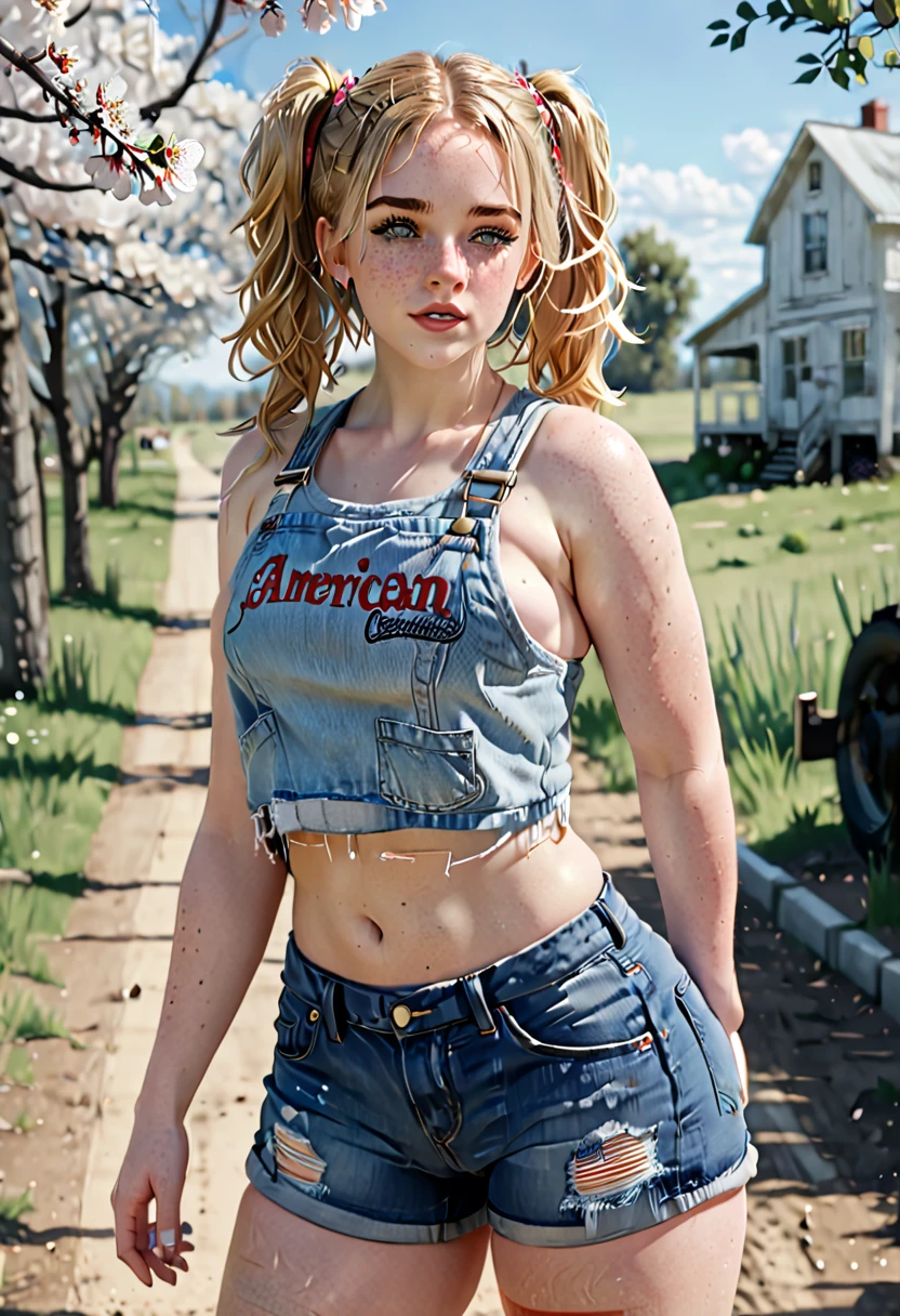 A freckled curvy strong farm tween. She is wearing a jean jack, crop top, and ripped Jean shorts, she is beautiful with low messy blonde twin tails and backwards ball cap and blue scuffed canvas sneakers. She lives on an abundant farm, ripe with harvest. Cute, perfect face, beige eyeshadow, light peach blush, coral lipgloss, athletic form, She is walking towards the camera on a lovely sunny day, pretty, pretty lighting, 8k, octane render, detailed, detailed background, 35mm, realistic, photorealistic, perfect face, cherry blossoms barrettes in hair, freckles, risqué poses, ((American face)), American, ((Billie Eillish))