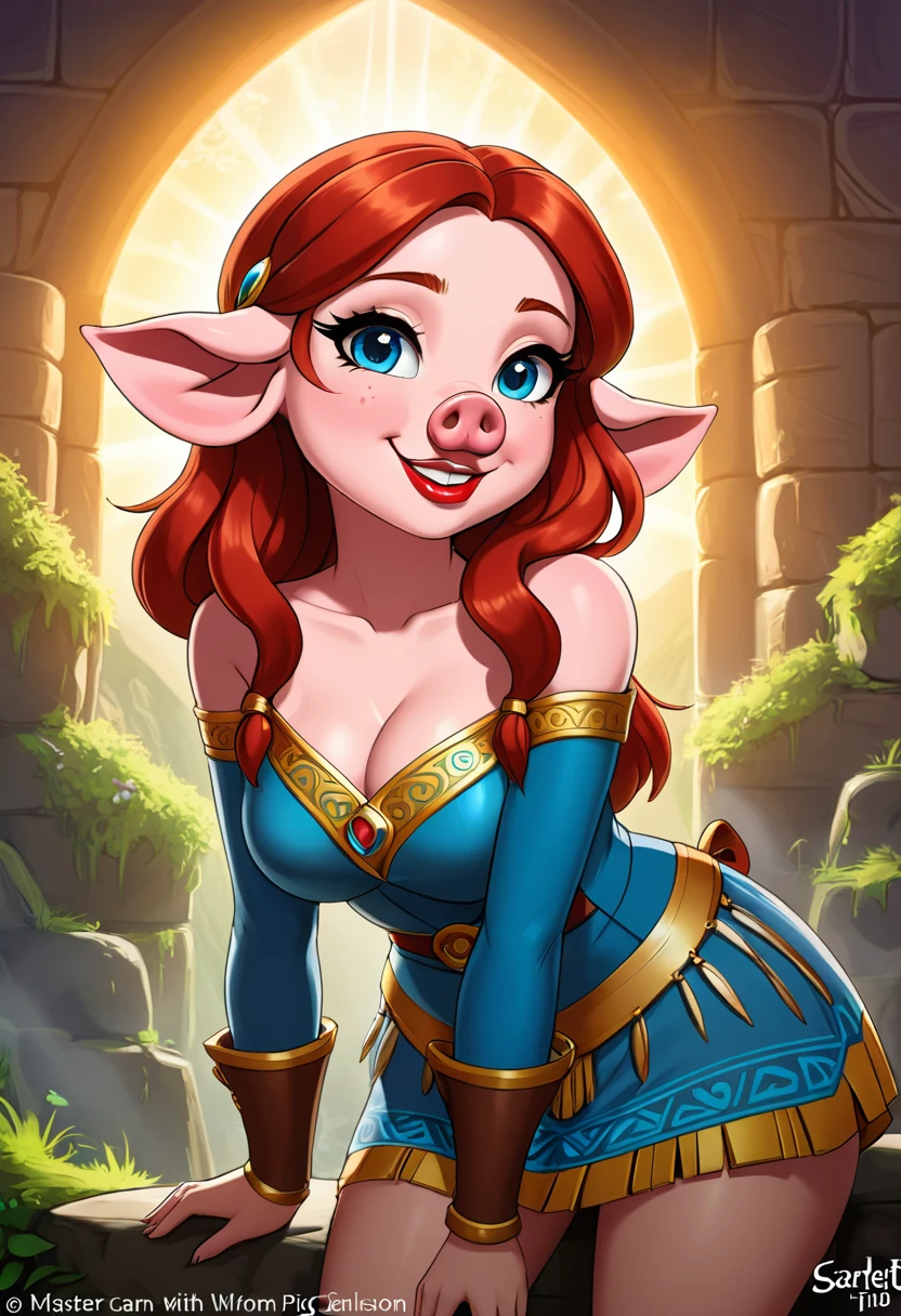 Create an illustrated, hand-drawn, full-color image of an  humanoid, hybrid, anthropomorphic,  sexy pig woman. The artwork should be rendered in the style of "Breath of the Wild," featuring warm lighting and shadows. Include graphite shading, stencil marks, and airbrushed acrylic paint effects. The image should be of the highest quality, a masterpiece with intricate details.

The pig woman should have a female, humanoid, appearance. She should have luscious lips, a wide smile, and bright, expressive eyes, exuding beauty, cuteness, and adorableness. Ensure the image is high resolution and sharply detailed, with a detailed and vibrant background. Scarlett Johanson, Alison Brie, Dove Cameron

Incorporate mystical lighting in the background, creating a romantic and enchanting atmosphere.
