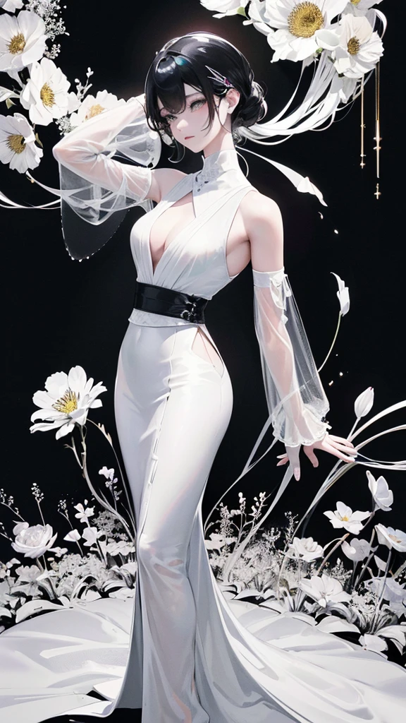 The flowers on both sides form a frame. 額の中にはcoolとライバルの入った女性 glamorous cool Women are black and white but flowers are vibrantly colored Best Quality, Masterpiece, Ultra High Resolution, (Realisticity: 1.4), Original Photo, Cinematic Lighting