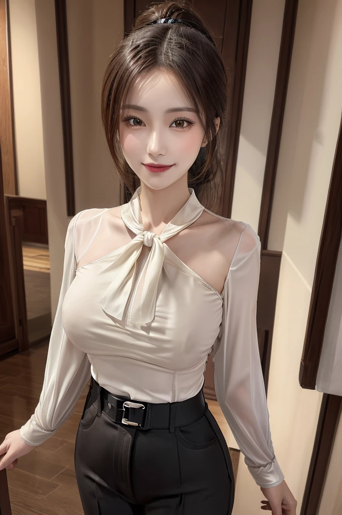 Tabletop, Highest quality, figure, Super detailed, In detail, High resolution, 8k wallpaper, Perfect dynamic composition, Beautiful attention to detail, ponytail,Big breasts Natural color Lips, Sexy pose,smile,Harajuku、25-year-old woman、Beautiful woman、Looking at the camera、Super Real、(((Reality:1.5))),(((blouse:1.5)))、Standing posture、Top view