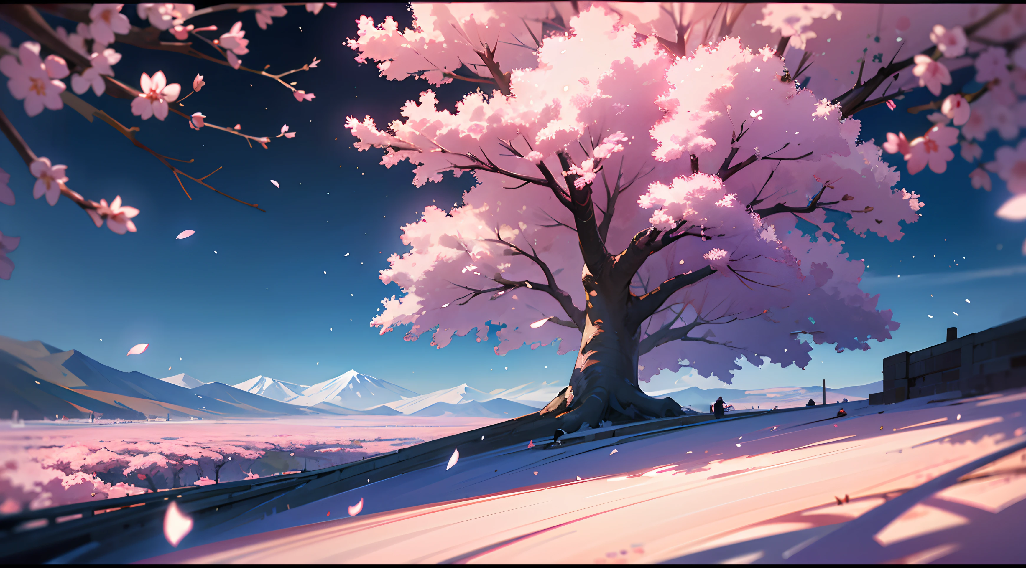 (Very high resolution), (fine-details: 1.5), CG HD, hd shot, (8K, CRU photo: 1.2, best quality image: 1.4, work of art: 1.2), (Very high resolution), CG HD, (Real, photorrealistic: 1.4, ultra HD: 1.2), hight contrast, hdr, night time scene, (choline mouse),sakura blossoms,A huge cherry tree in bloom,(((depth of fields))), Super long distance viewing,Faraway view,little people,Cherry blossoms in full bloom are illuminated,Beyond legal,Create magical light. wind,sakura blossoms caindo, flower petals in the air,Kilometer-high mountain tops