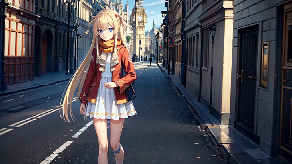 ((masterpiece)),(best quality),Official Art,Extremely detailed CG,Unity 8K wallpaper,Very detailed,Beautiful and delicate eyes,Extremely detailed face,1 girl,solitary,,(whole body:1.5),(small:1.3),,summer,Wear a long red scarf,Red Jacket,Walking in the street,Sunny and cloudless,London Big Ben
