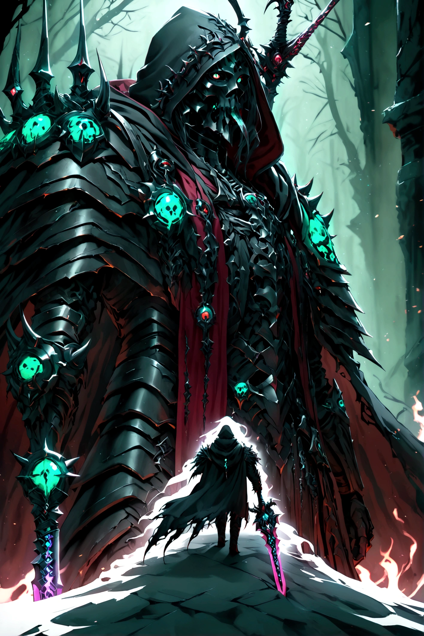 score_9, score_8_up, score_7_up, a skeleton death knight walking through ebony smoke, neon ruby eyes, smoke coming from its mouth, upper body, looking at the viewer, black cloak, black armor, ruby ornaments, neon ornaments, ruby cape, black hood, neon sword, ruby sword, holding the sword, dark,