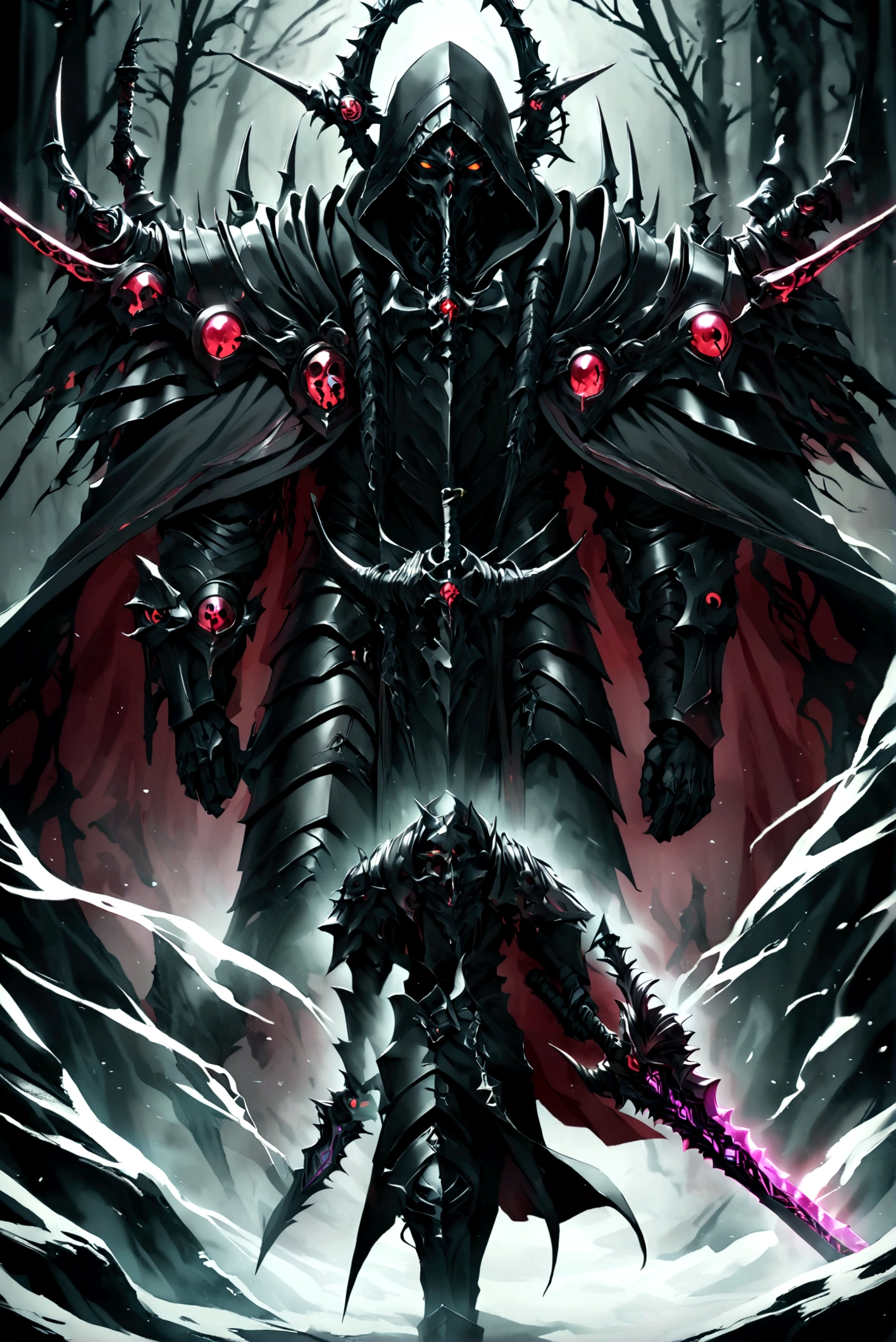 score_9, score_8_up, score_7_up, a skeleton death knight walking through ebony smoke, neon ruby eyes, smoke coming from its mouth, upper body, looking at the viewer, black cloak, black armor, ruby ornaments, neon ornaments, ruby cape, black hood, neon sword, ruby sword, holding the sword, dark,