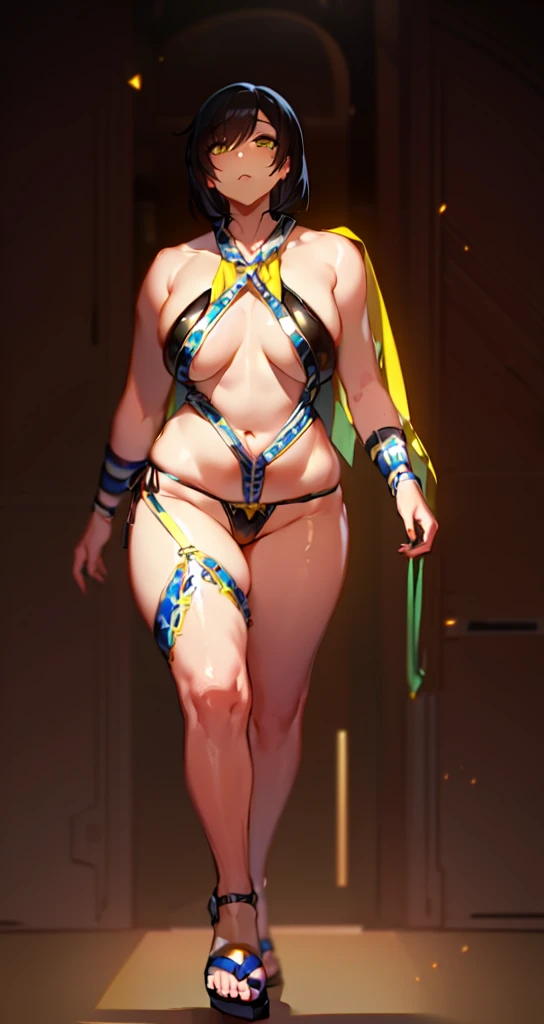  ((bare arms)), ((bare shoulders)), ((bare legs)), masterpiece, best quality, 1girl, ((young girl)), shiny skin, (thin waist), ((curvy)), ((wide hips)), ((small size)), hot, soft natural lighting, reflections, bright illuminations, full body, (((yellow micro bikini))), big long black hair, tomoko, sexy, slim figure, Detailed green eyes, Detailed face, Detailed eyes, tomoko kuroki, watamote, ((bare arms))