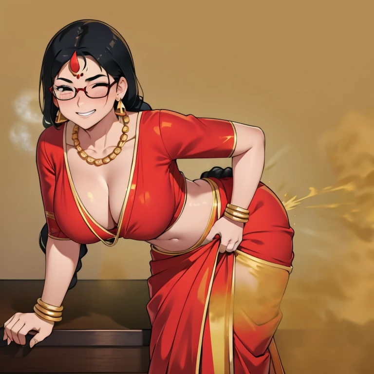 solo, 1female, indian age girl, black hair, hair tied in braids, tomboy hair bang, wearing glasses, blushing intensely, sexy body, dark skin, clenching teeth, smiley face, one eye closed, soft lips, red saree, wearing red saree, wearing golden necklace and earrings, wearing golden bracelets, bend over, letting out fart, massive fart, yellow smoke rising, hand on tummy, sexy body, bending forward, leaning, hand on stomach