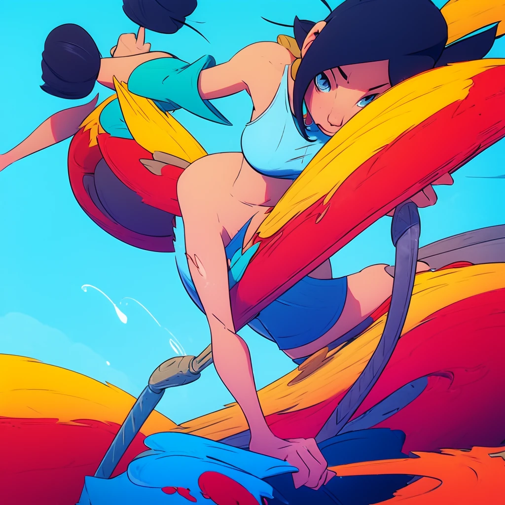 a curvy blue-eyed girl with long wavy black hair, small breasts, nudity, torn tanktop, tits out, hyper detailed, vivid colors
