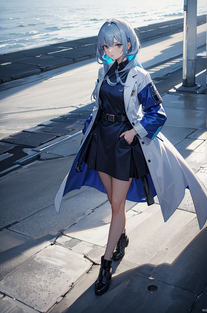 1woman, metallic hair, blue eyes, lab coat, dress, standing on ground, high res, ultra sharp, 8K, masterpiece