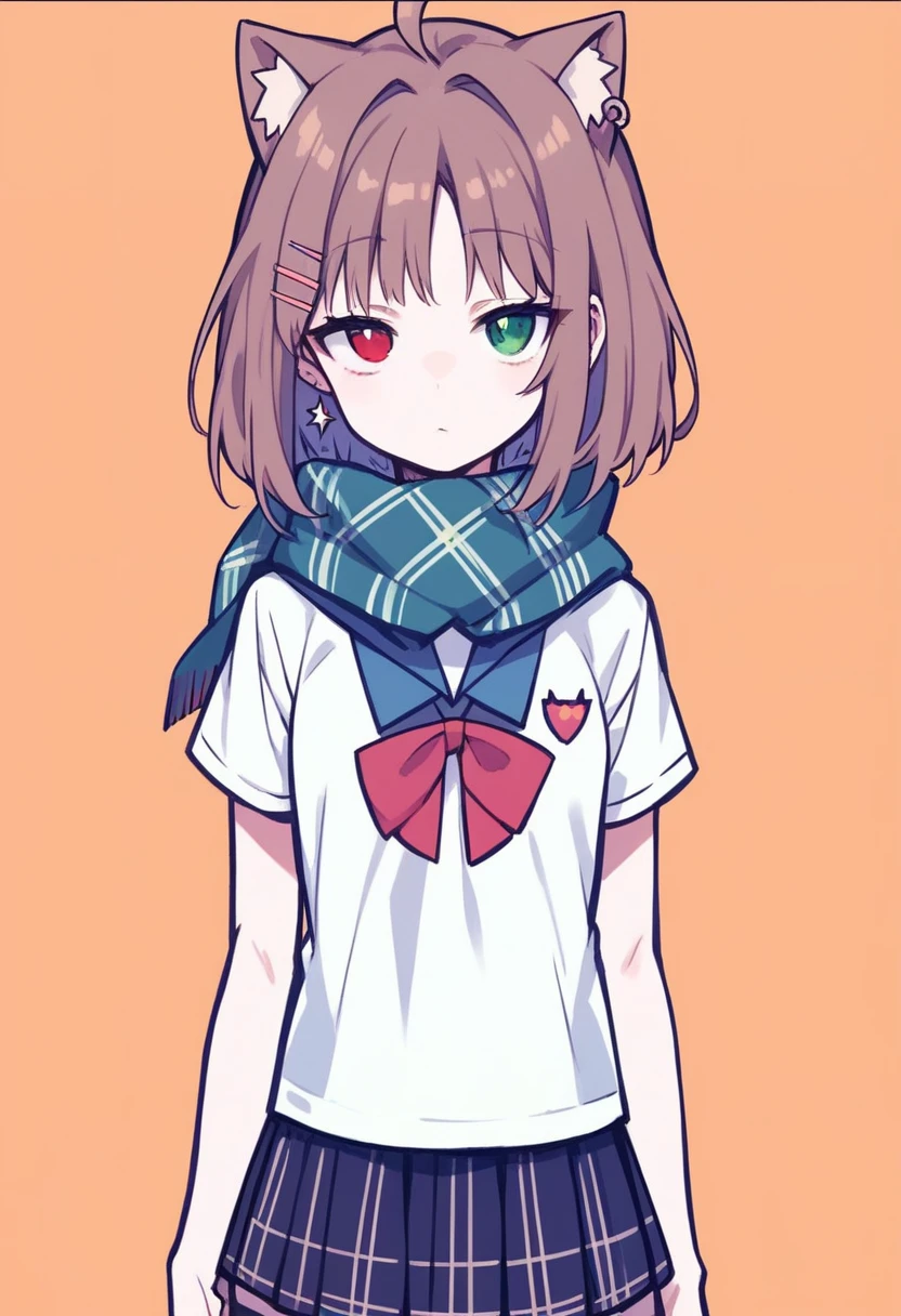 16K, absurdres, masterpiece, best quality, high quality, hyper detailed, insanely detailed, exquisite, beautiful, , cheerful, grinning, standing, looking at viewer, front view, bangs pinned back, bob cut, ahoge, bob, brown hair, red eyes, green eyes, with star-shaped irises, odd eyes, eyes open, droopy eyes, heterochromia, fair skin, slender, , cardigan, earrings, armband, knee socks, with cat ears, cute face, boyish, japanese, no background, cute, anime, full body shot, from front, best light, depth of field