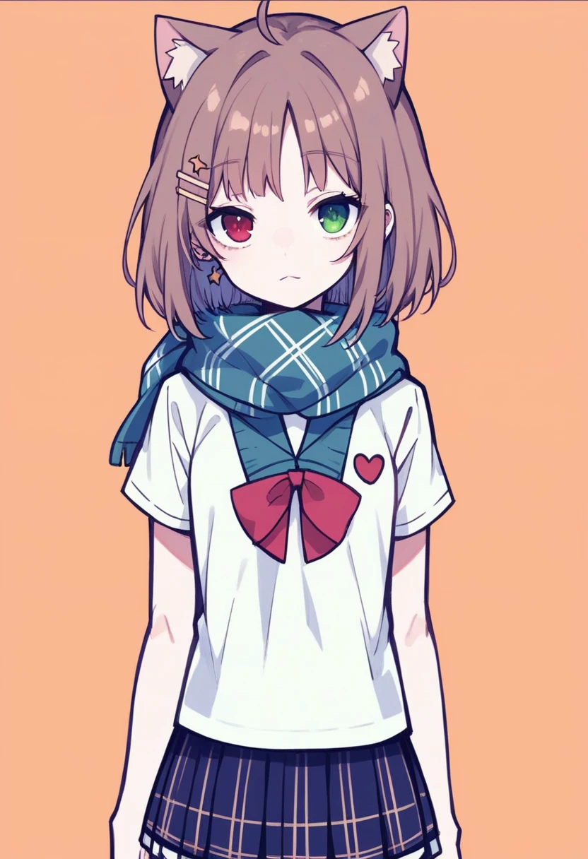 16K, absurdres, masterpiece, best quality, high quality, hyper detailed, insanely detailed, exquisite, beautiful, , cheerful, grinning, standing, looking at viewer, front view, bangs pinned back, bob cut, ahoge, bob, brown hair, red eyes, green eyes, with star-shaped irises, odd eyes, eyes open, droopy eyes, heterochromia, fair skin, slender, , cardigan, earrings, armband, knee socks, with cat ears, cute face, boyish, japanese, no background, cute, anime, full body shot, from front, best light, depth of field