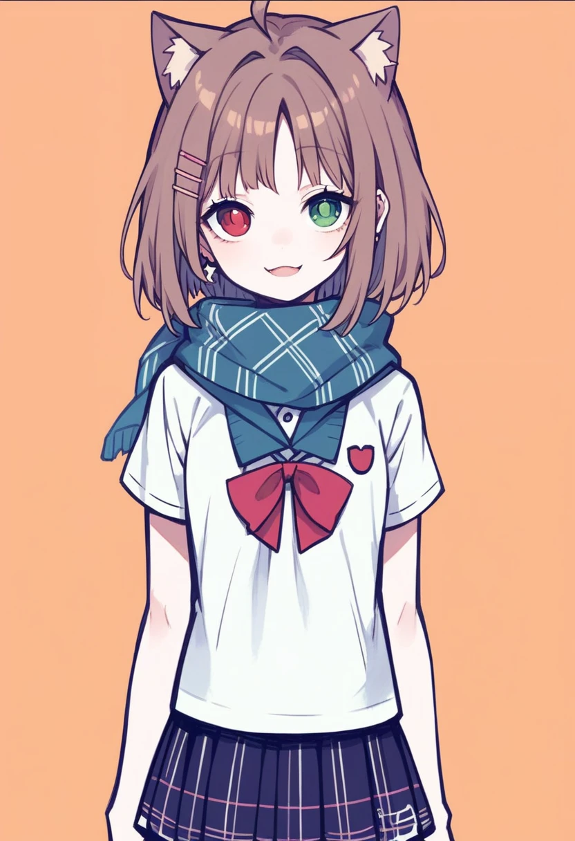 16K, absurdres, masterpiece, best quality, high quality, hyper detailed, insanely detailed, exquisite, beautiful, , cheerful, grinning, standing, looking at viewer, front view, bangs pinned back, bob cut, ahoge, bob, brown hair, red eyes, green eyes, with star-shaped irises, odd eyes, eyes open, droopy eyes, heterochromia, fair skin, slender, , cardigan, earrings, armband, knee socks, with cat ears, cute face, boyish, japanese, no background, cute, anime, full body shot, from front, best light, depth of field