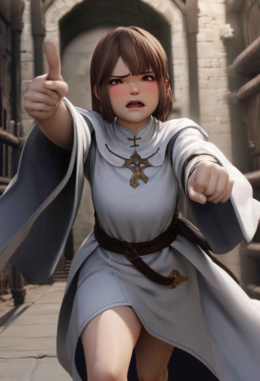 Adult female, dark fantasy, very short brown hair, red eyes, cleric, black on white cleric robes, blushing, angry, dungeon, pointing, running, highly detailed, high quality, anime